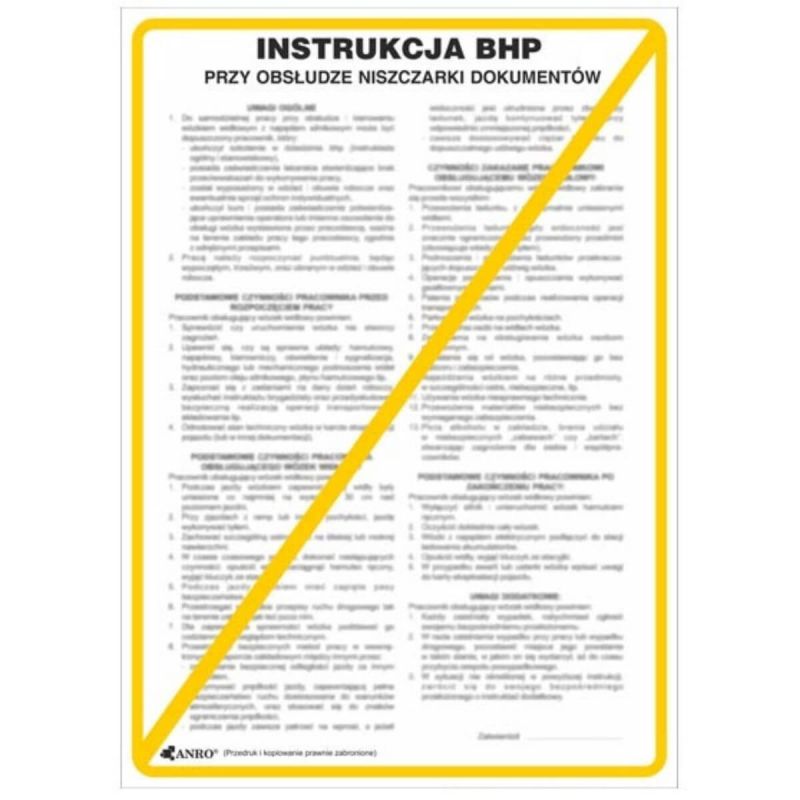 Znak bezpieczeństwa Instrukcja BHP i PPOŻ BHP przy obsłudze niszczarki dokumentów