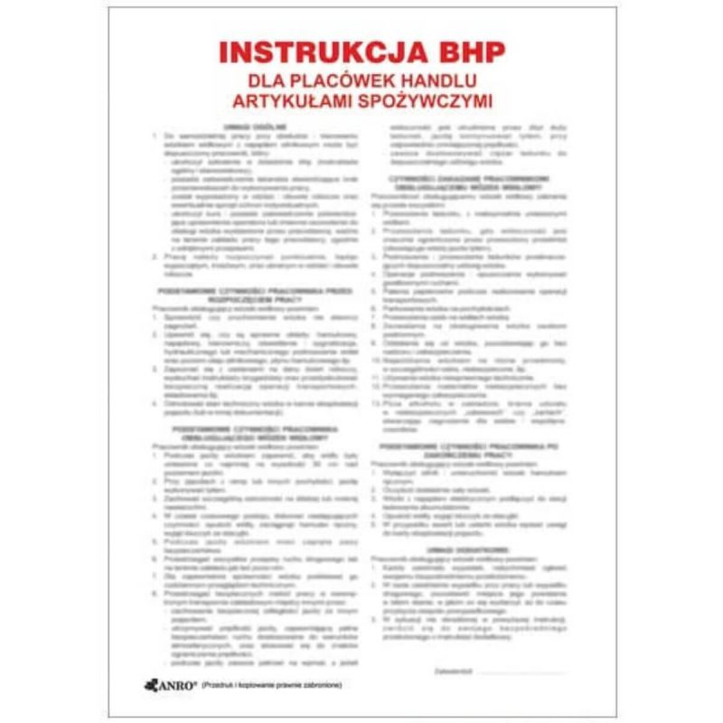 Znak INSTRUKCJA BHP I PPOŻ BHP DLA PRACOWNIKÓW PLACÓWEK HANDLOWYCH BRANŻY SPOŻYWCZEJ