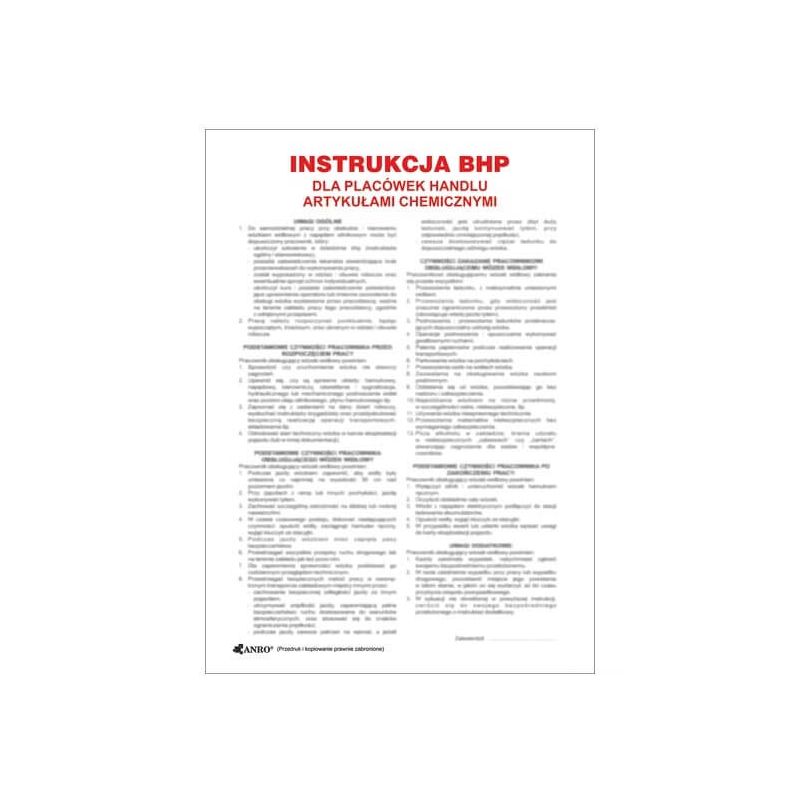 Znak INSTRUKCJA BHP I PPOŻ BHP DLA PLACÓWEK HANDLU ARTYKUŁAMI CHEMICZNYMI