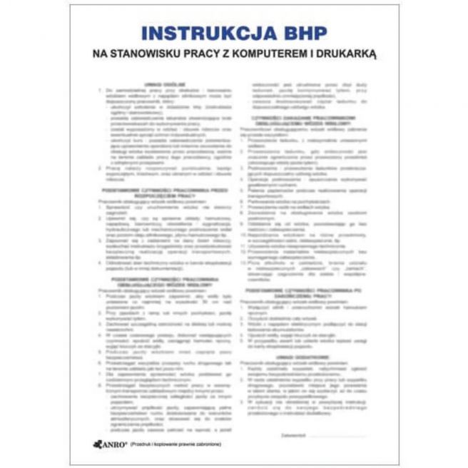 Znak INSTRUKCJA BHP I PPOŻ BHP PRZY OBSŁUDZE KOMPUTERA I DRUKARKI