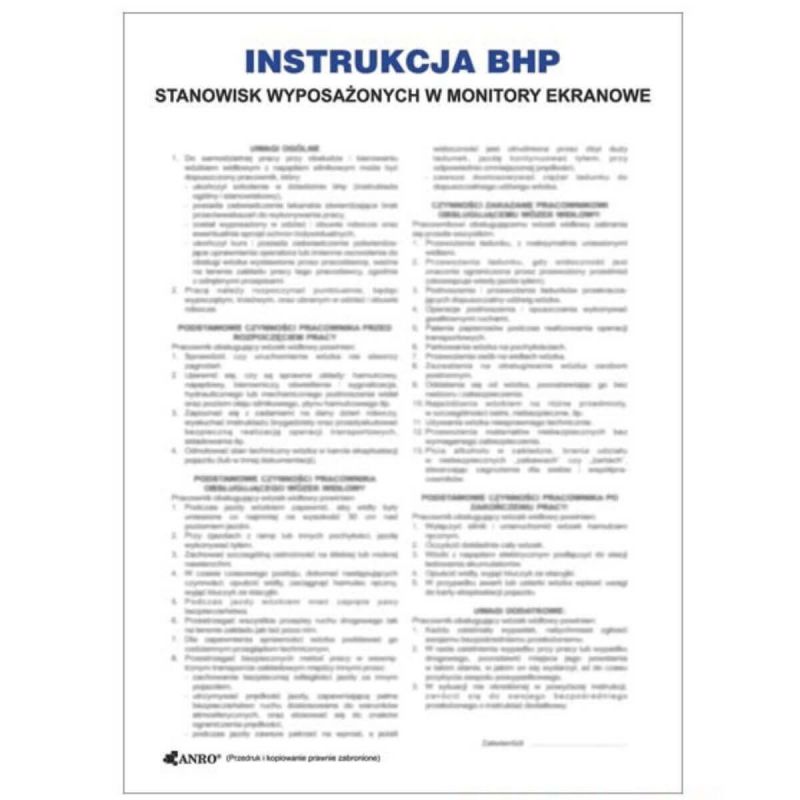 Znak INSTRUKCJA BHP I PPOŻ BHP STANOWISK WYPOSAŻONYCH W MONITORY EKRANOWE