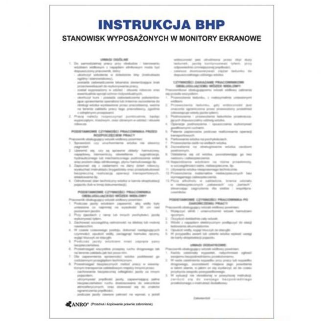 Znak INSTRUKCJA BHP I PPOŻ BHP STANOWISK WYPOSAŻONYCH W MONITORY EKRANOWE