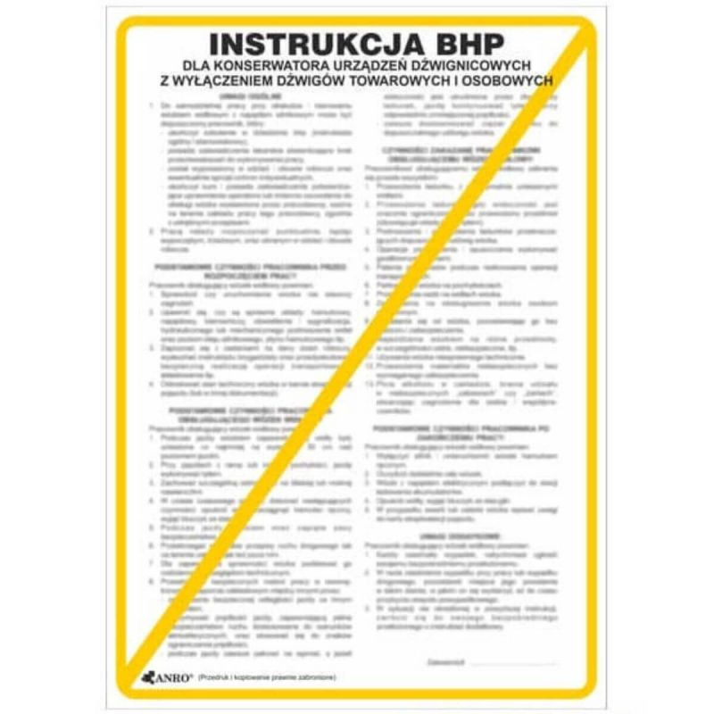 Instrukcja BHP i PPOŻ BHP dla konserwatora urządzeń dźwignicowych z wyłączeniem dźwigów towarowych i osobowych