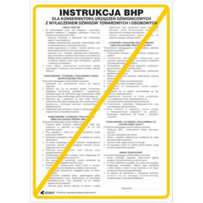 Instrukcja BHP i PPOŻ BHP dla konserwatora urządzeń dźwignicowych z wyłączeniem dźwigów towarowych i osobowych