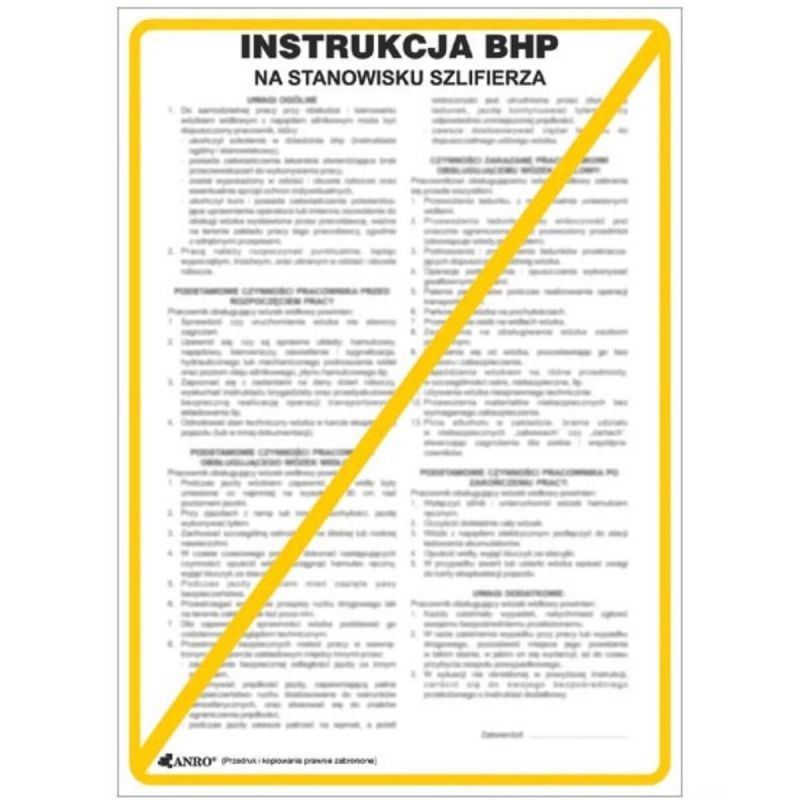 Tabliczka bhp INSTRUKCJA BHP I PPOŻ BHP NA STANOWISKU SZLIFIERZA