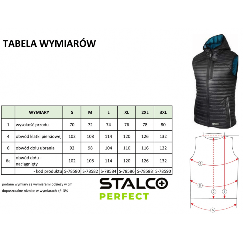 Kamizelka ocieplana męska VEST Stalco Perfect S-7858 czarny tabela rozmiarów