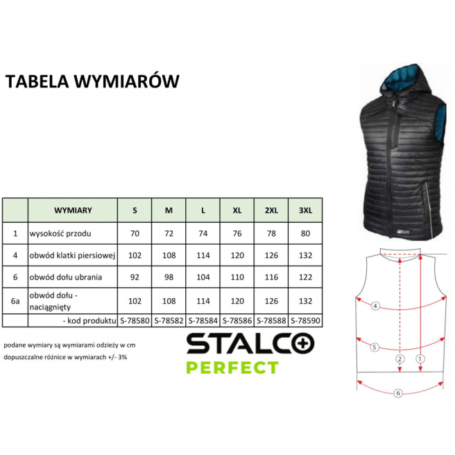 Kamizelka ocieplana męska VEST Stalco Perfect S-7858 czarny tabela rozmiarów